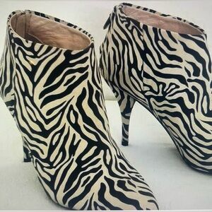 REBECCA TAYLOR Italy Leather Ankle Boots Booties Zebra Print Black Brown SZ 37